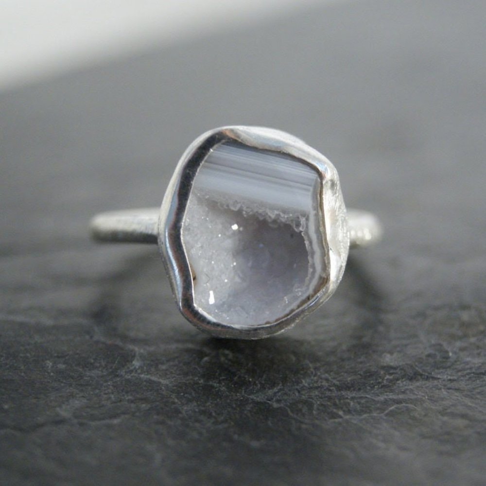 White Druzy Geode Ring in Sterling Silver - sz 8